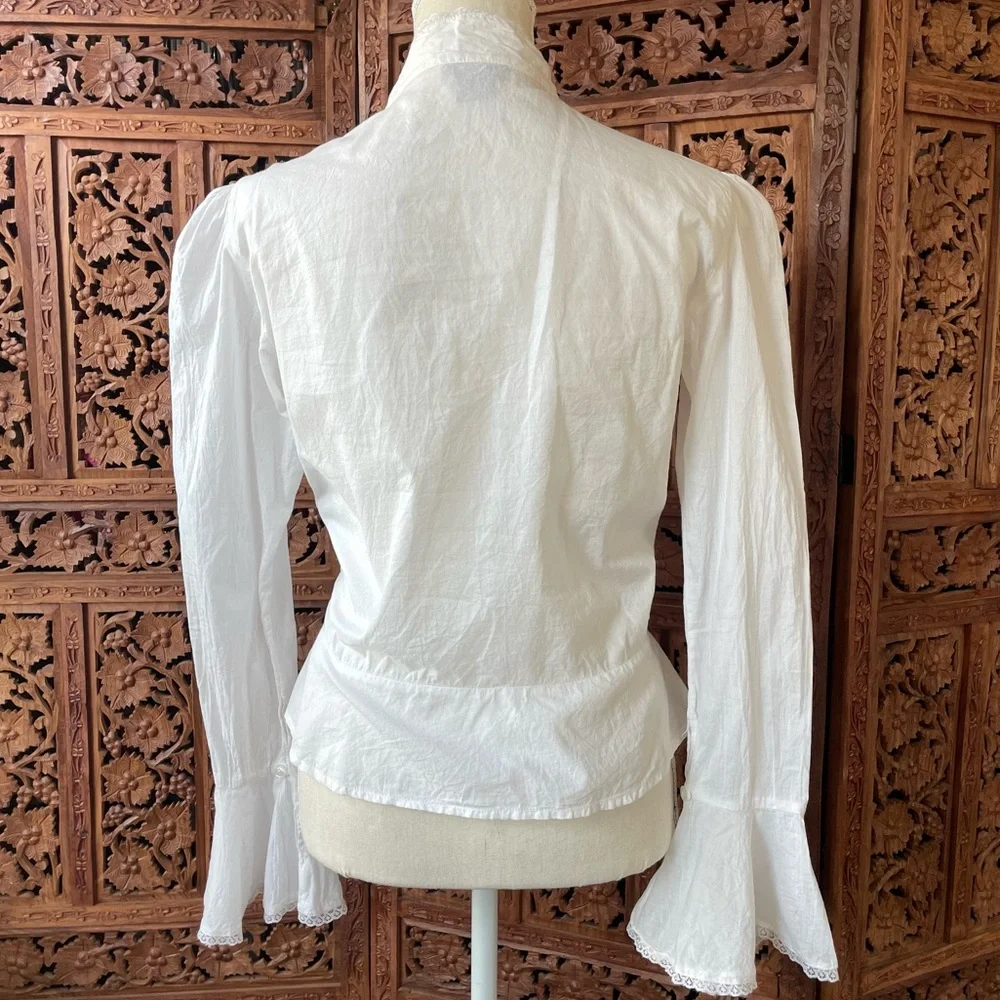 Victorian-Inspired Western White Cotton Lace High-Neck Button Down bell sleeve - Picture 11 of 13